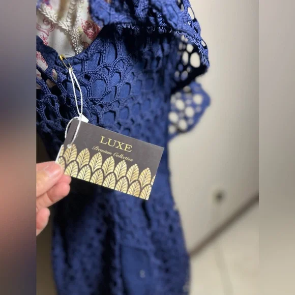 NWT LUXE Self Portrait Replica Navy One Shoulder Guipure Lace Midi Dress sz 8 - Picture 14 of 14